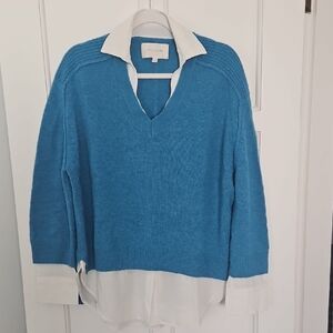 Brochu Walker Teal Blue V-Neck Sweater with White Attached Shirt Panel